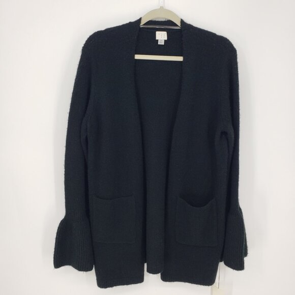 3/$25 A New Day Open Front Cardigan Sweater M Long Bell Sleeves Pockets Black - Picture 1 of 8